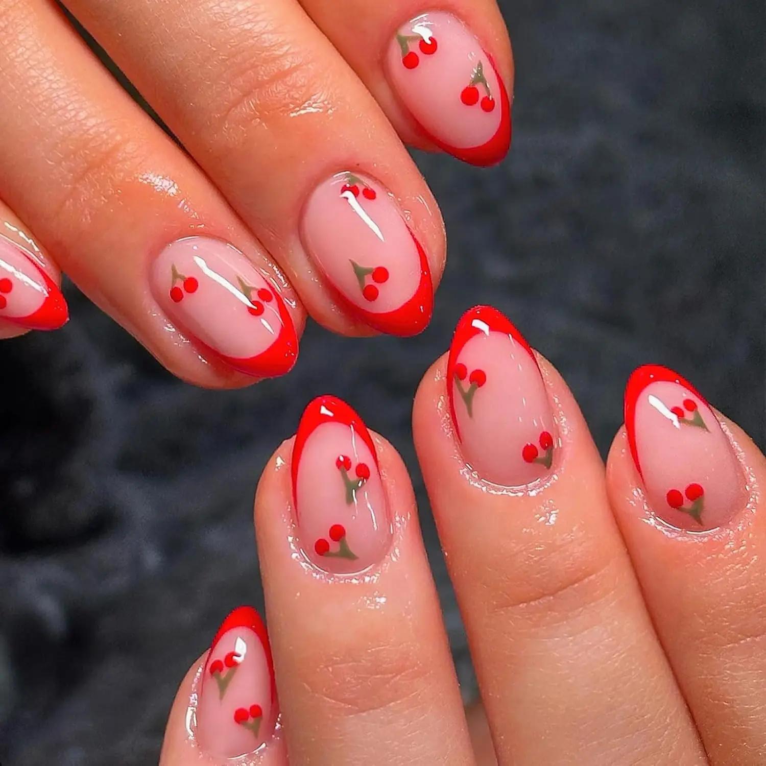24 pièces mis à niveau votre look avec un ensemble de faux ongles cerise amande à bords rouges 1 lim