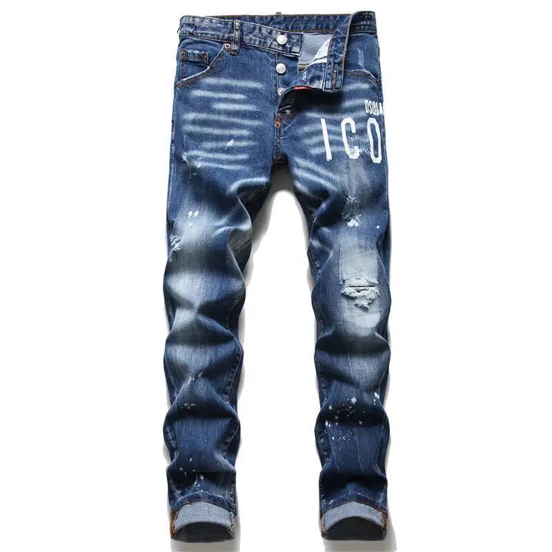 Jean élastique pour hommes, coupe cintrée, avec lettres imprimées, pantalon de mendiant serré, nouve