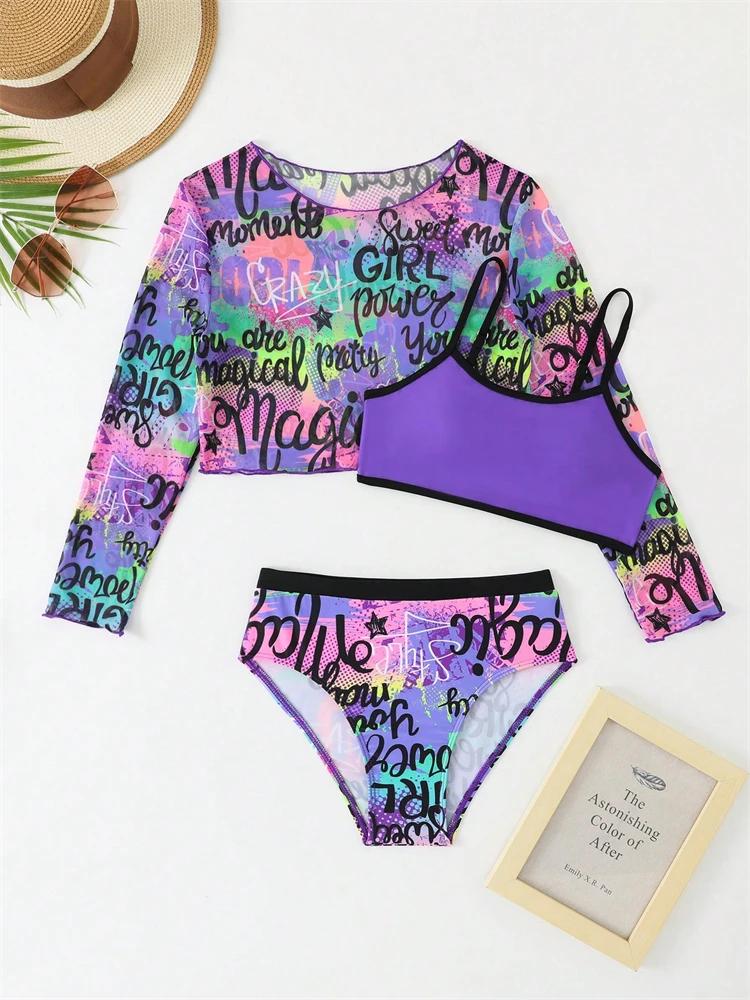 Bikini enfants filles maillot de bain 2026 nouveau violet lettre fronde maille à manches longues enf