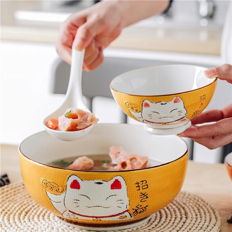 Cuillère à soupe en céramique 14cm, vaisselle japonaise blanche en os de chat porte-bonheur en porce