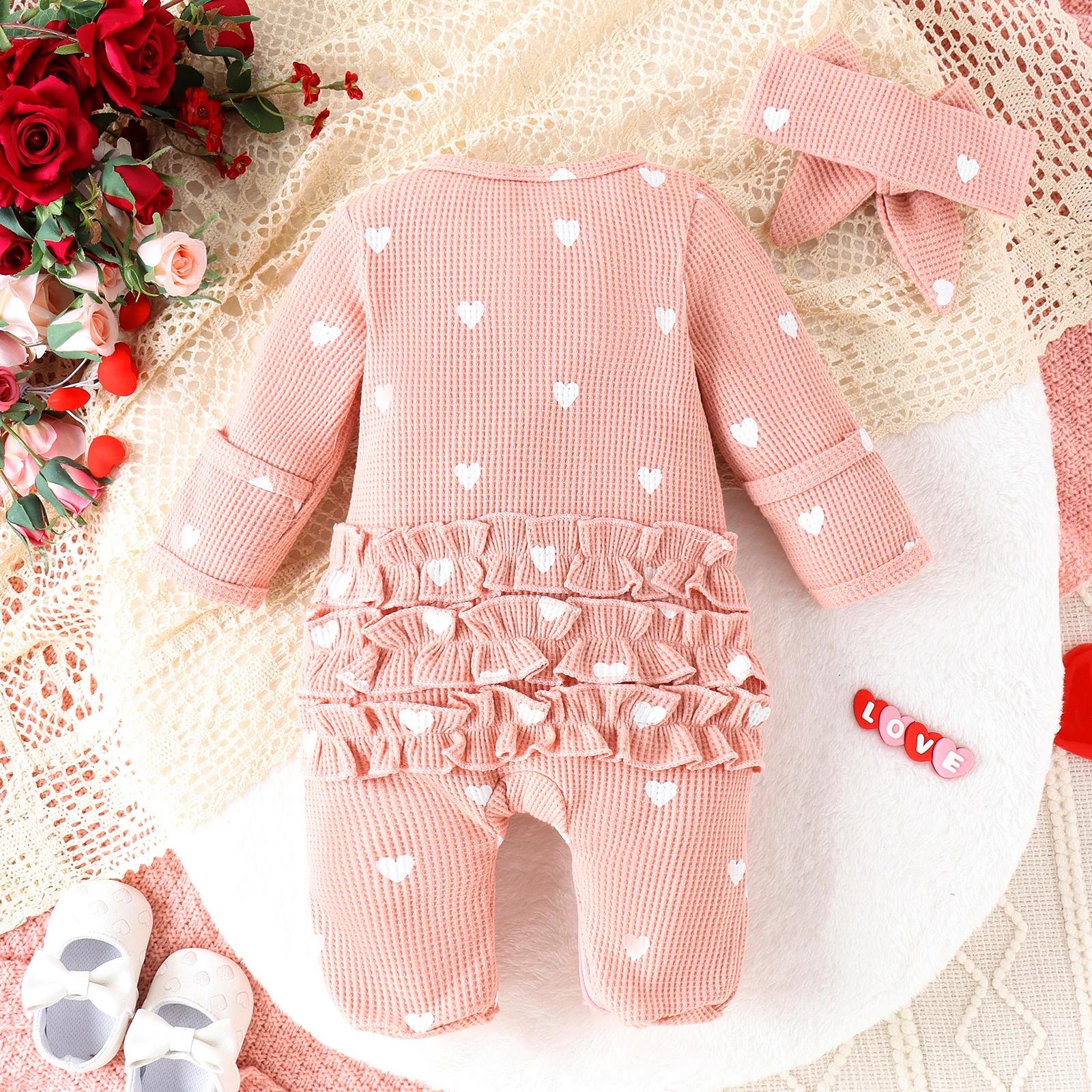 2 pièces automne de 0 à juin nouveau-né bébé confortable mignon col rond gaufré coeur fermeture écla