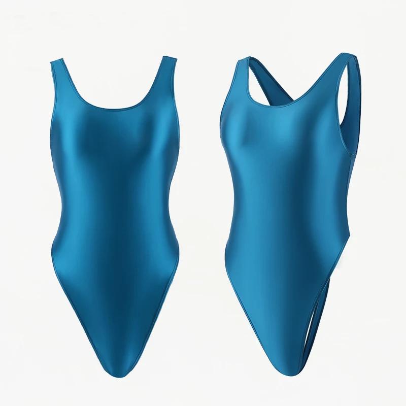 Maillot de bain une pièce Sexy pour femmes, brillant à l'huile, vêtements de Fitness en forme de T,