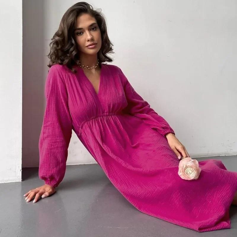 Robes élégantes en mousseline de coton pour femmes, manches longues, col en V, décontracté, fête, va