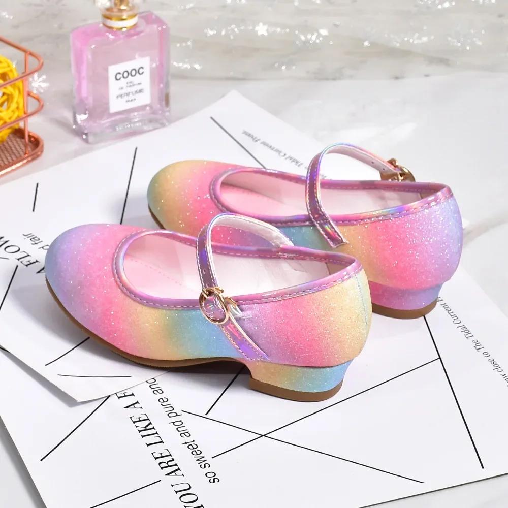 Chaussures de princesse pour filles, chaussures en cuir à paillettes arc-en-ciel, à la mode, pour en