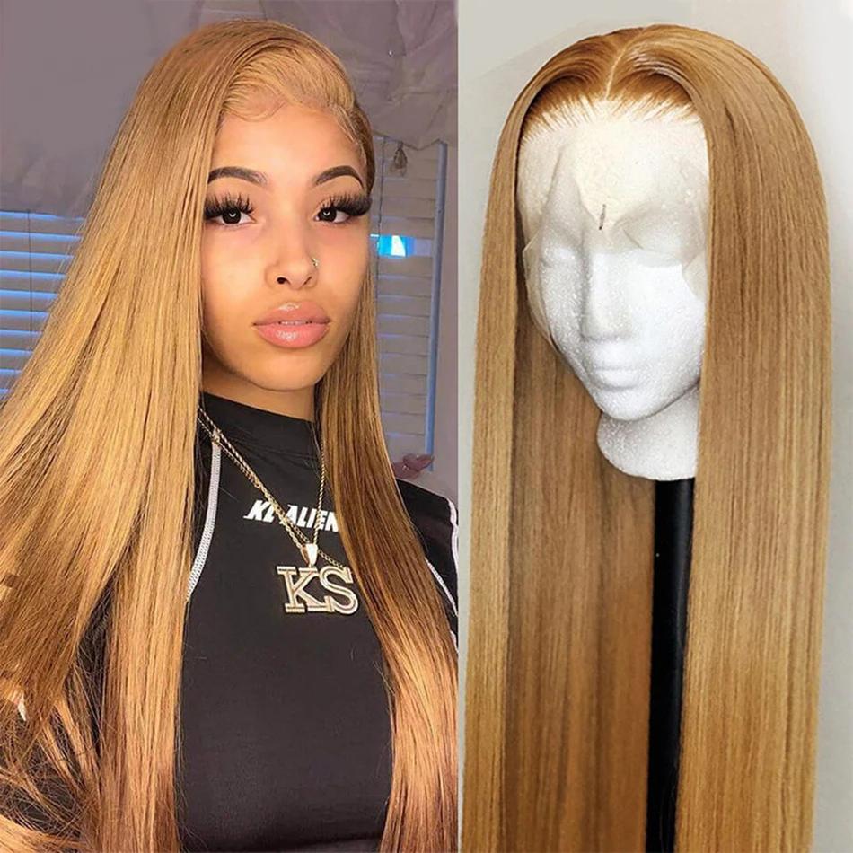 27 # Perruque frontale de cheveux humains de couleur blond miel droite 180% 13x6 HD perruque de ch