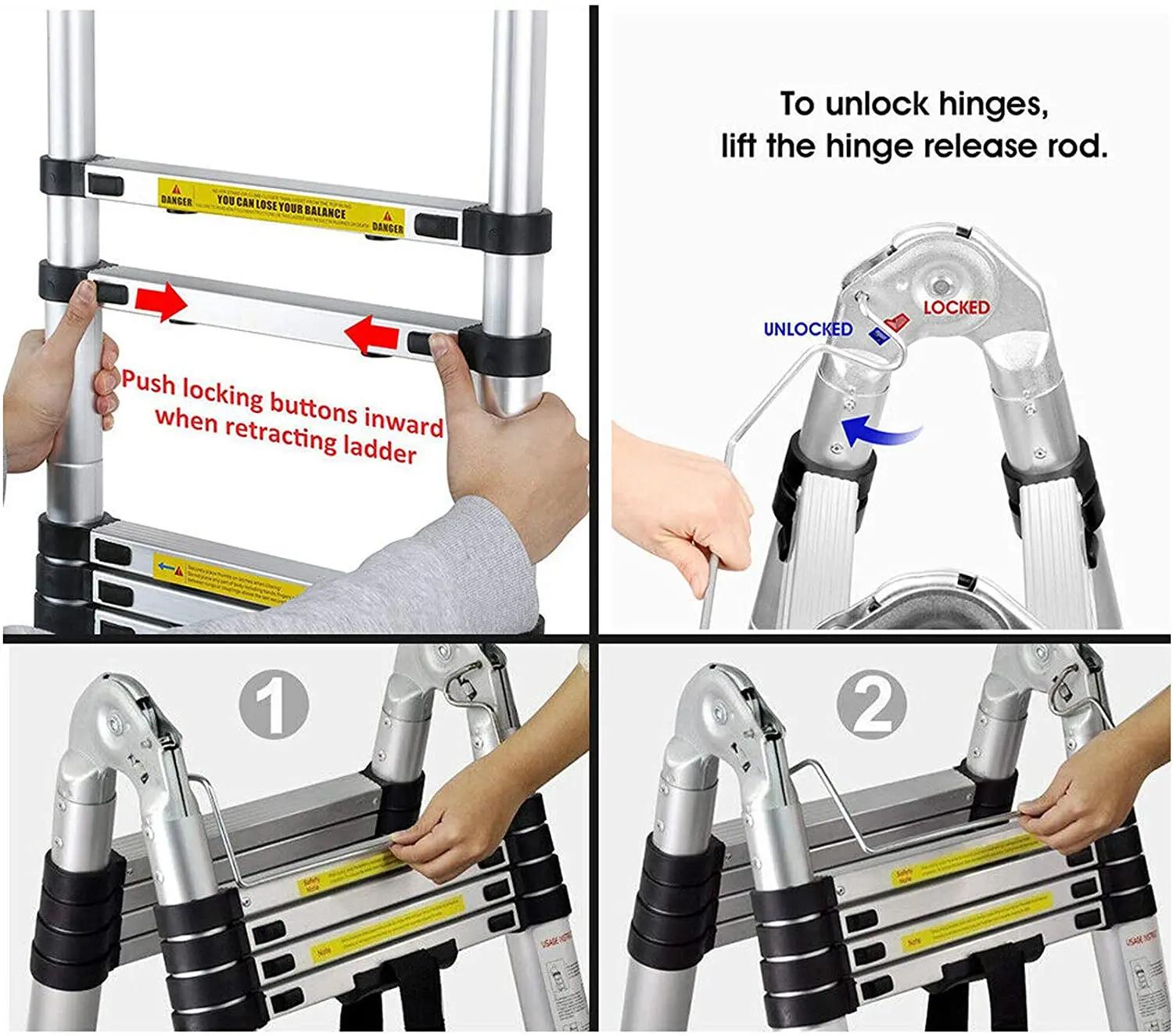 Échelle télescopique pliante de 3.8m/ 5m, cadre en A, alliage d'aluminium/acier inoxydable, antidéra