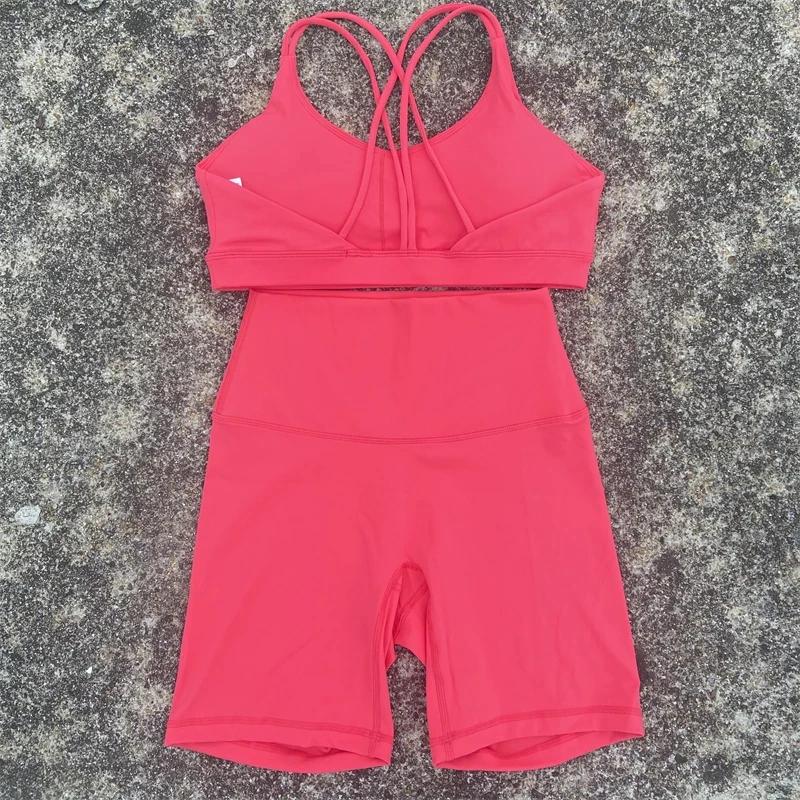 Ensemble cyclisme court Yoga pour femmes - Soutien-gorge et leggings dos croisé pour sport à fort impact