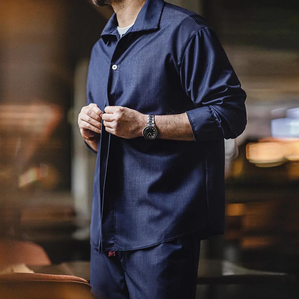 Maden-Chemise en Denim à Manches sulfet Col Rabattu pour Homme, Manteau de Printemps Bleu, Vêtement