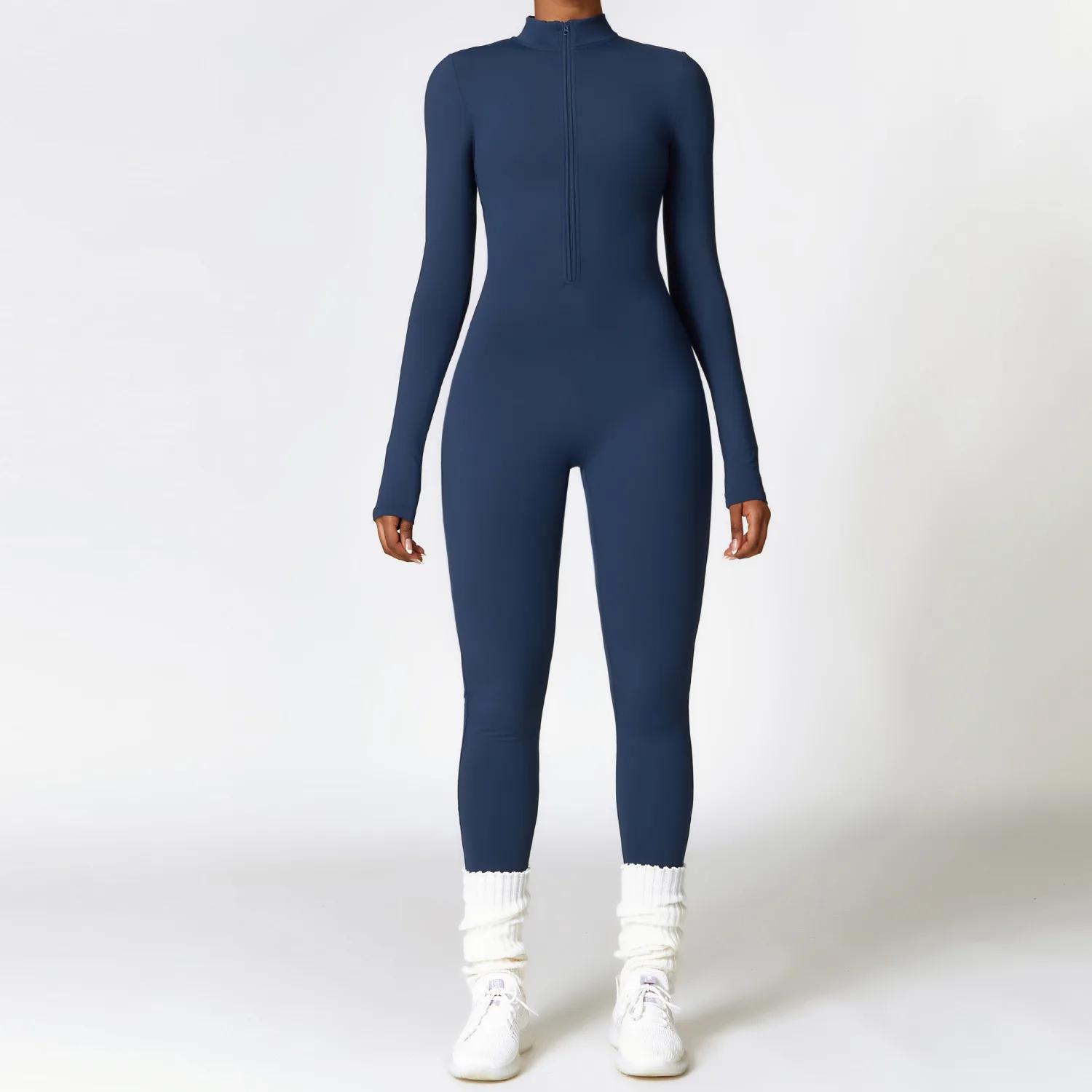 Vêtements de sport une pièce à manches longues pour femmes, barboteuse de Yoga à fermeture éclair, c