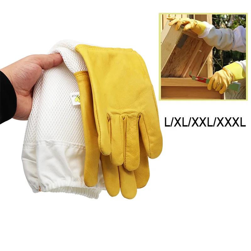Gants de protection pour l'apiculture, manches respirantes, maille jaune, peau de mouton blanche et