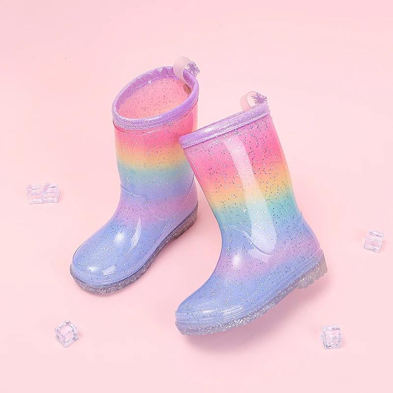 Bottes de pluie pour filles mignonnes quatre saisons, dégradé arc-en-ciel, paillettes, imperméables,