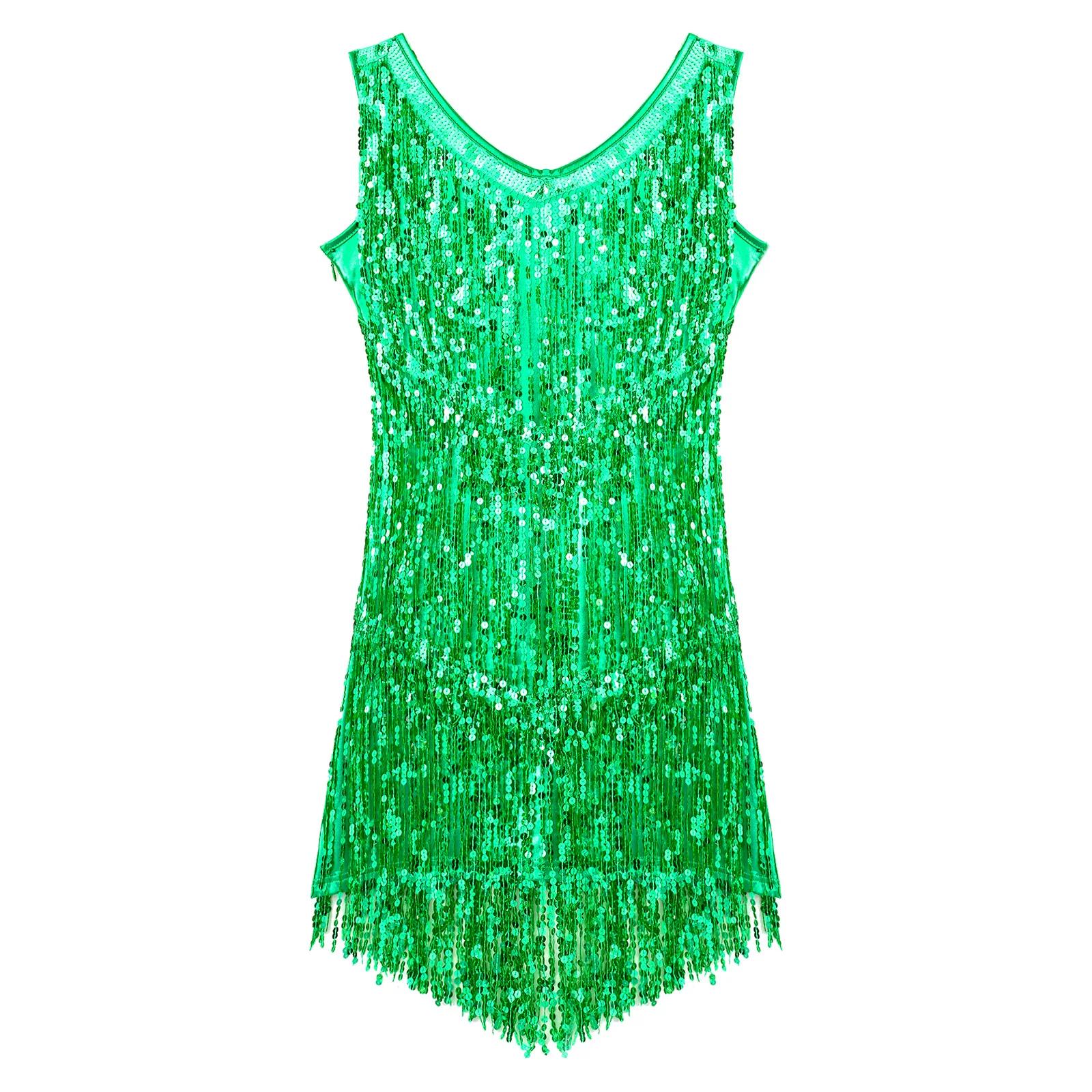 Robe de phtaline col V femme - Costume danse Cha Cha latine samba tango paillettes glands