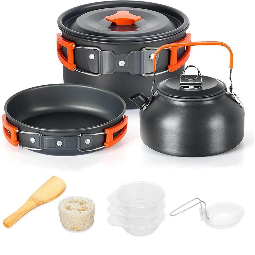Batterie de cuisine de Camping en plein air en aluminium, avec sac en filet, ensemble de cuisine pli