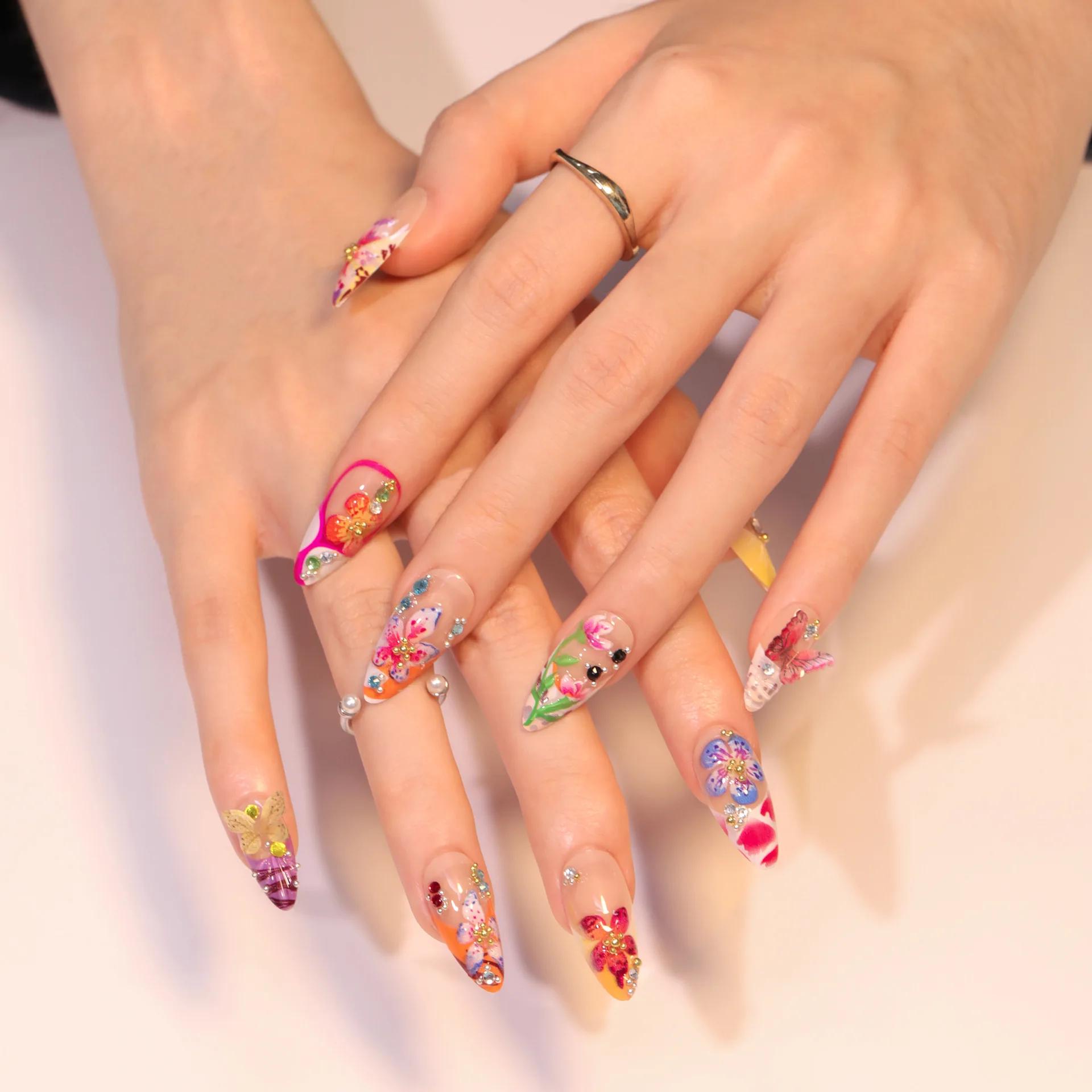24 pièces fleur tropicale presse sur ongles coloré français 3D cristal papillon coquilles motif impr