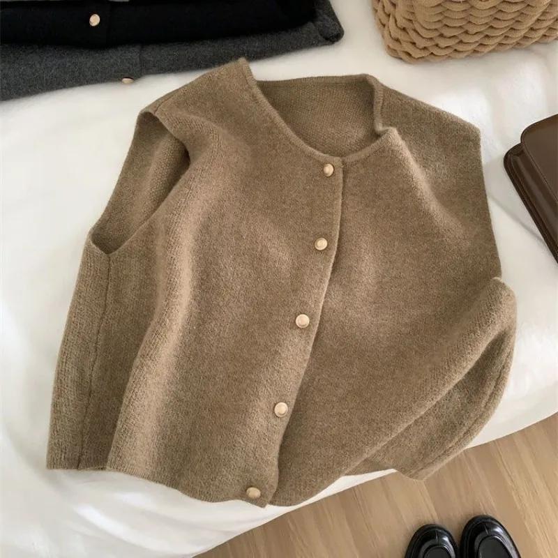 Cardigan coréen à col ras du cou pour femmes, boutons solides, manches courtes, manteaux, pull trico