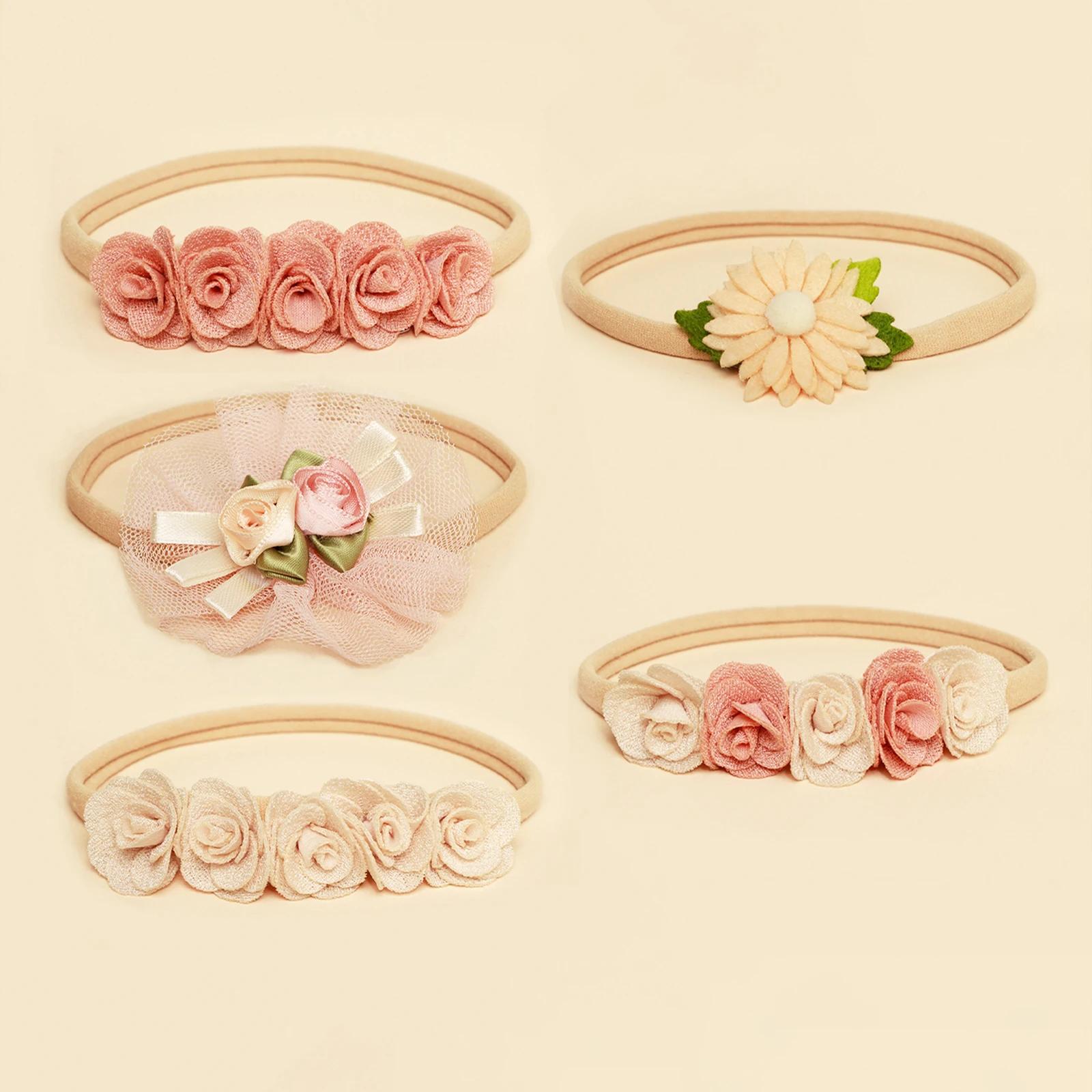 5 pièces rose dentelle Simulation fleurs cheveux accessoires pour nouveau-né fille épissage bandeau