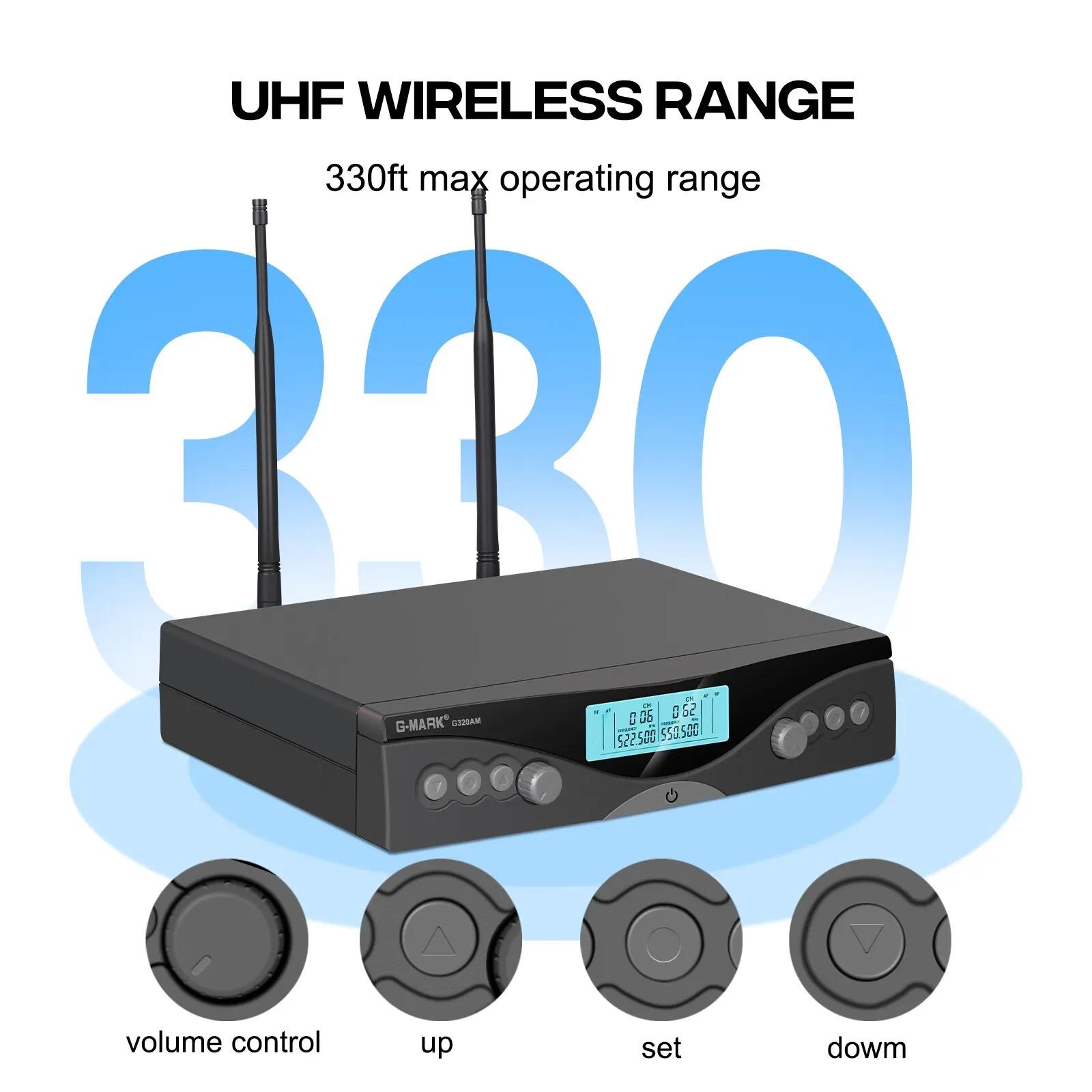 Sans fil Microphone G-MARK G320AM Professionnel UHF 2 Canaux Karaoké Mic De Poche Automatique Fréque