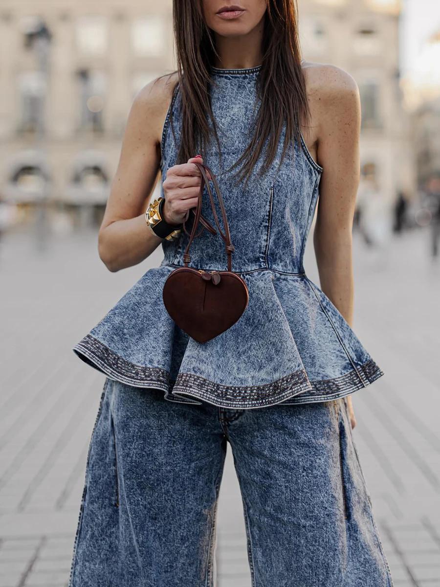 TWOTWINSTYLE Ensemble deux pièces en jean à plis superposés pour femme, haut chic sans manches à col