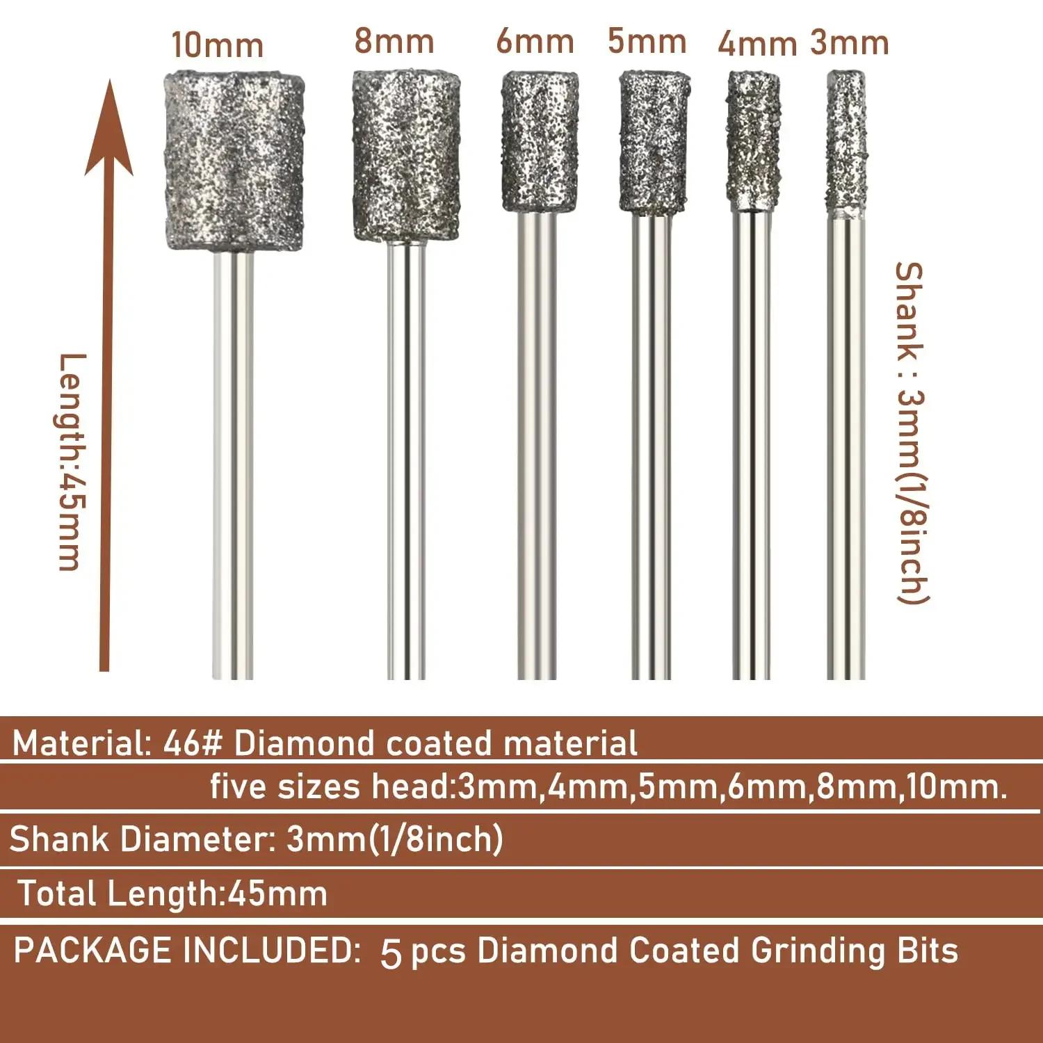 Tête de meulage diamantée à intervalles de grain 46, 5 pièces, tige de 3mm, points cylindriques endu