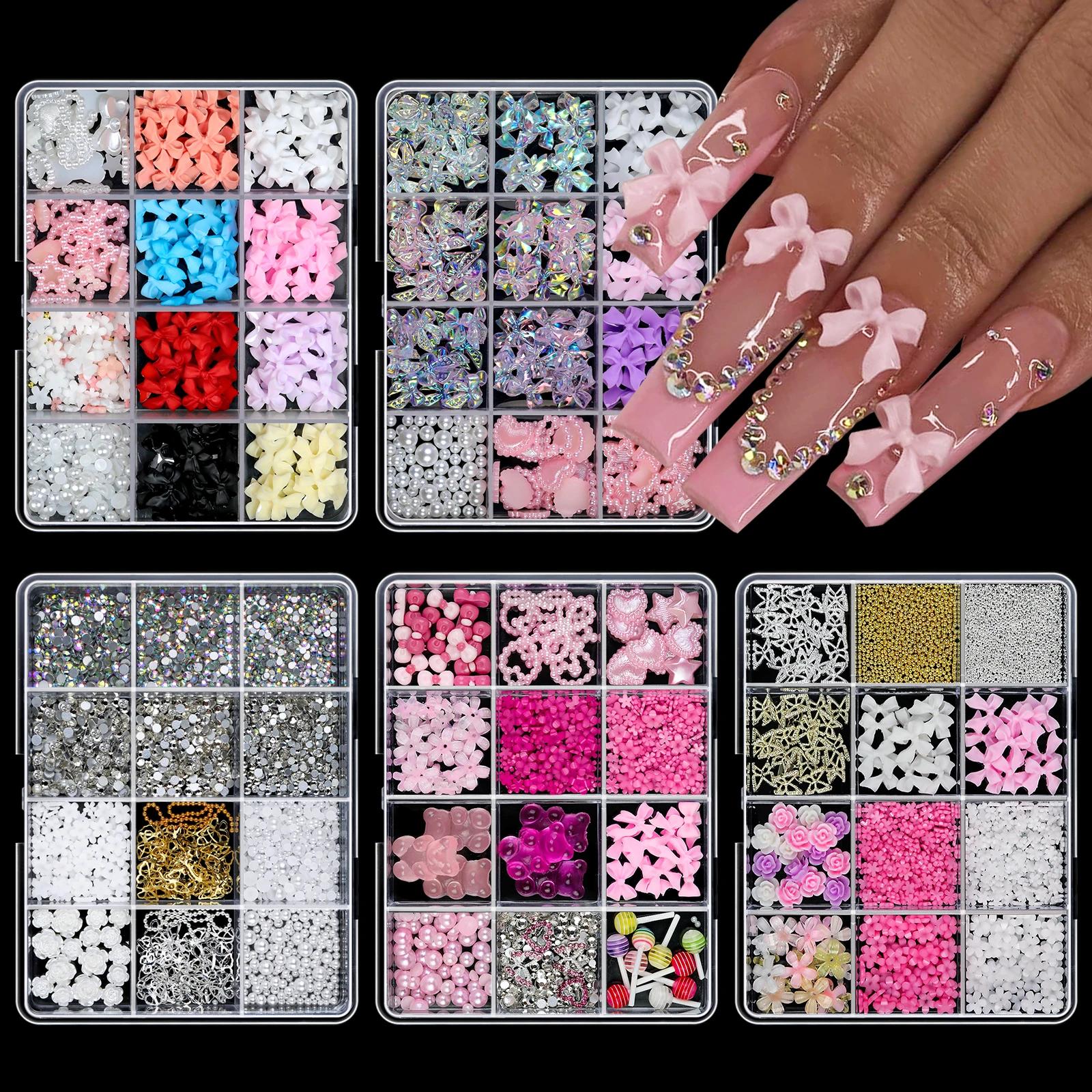 12 grilles mélangées de couleurs 3D, nœud en résine, perle, cœur, dos plat, diamant, décoration Nail
