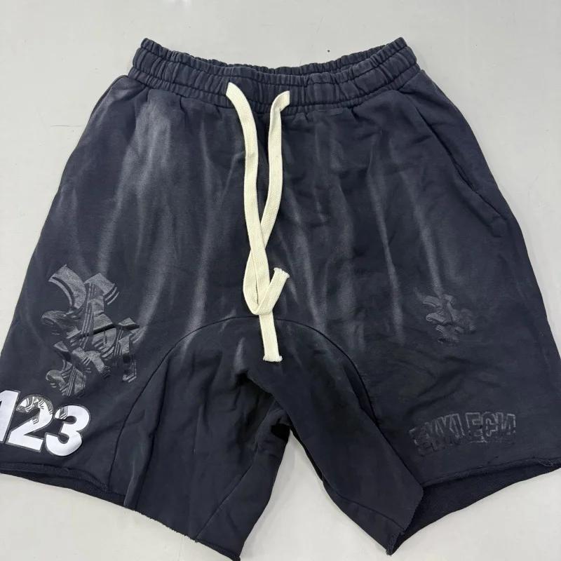 Shorts amples vintage délavés imprimés 123 pour hommes, streetwear, en coton, shorts de sport