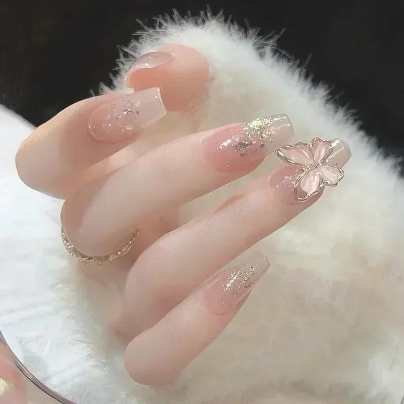 Faux ongles de Ballet rouge, 24 pièces, papillon, paillettes courtes avec strass, Design français, c