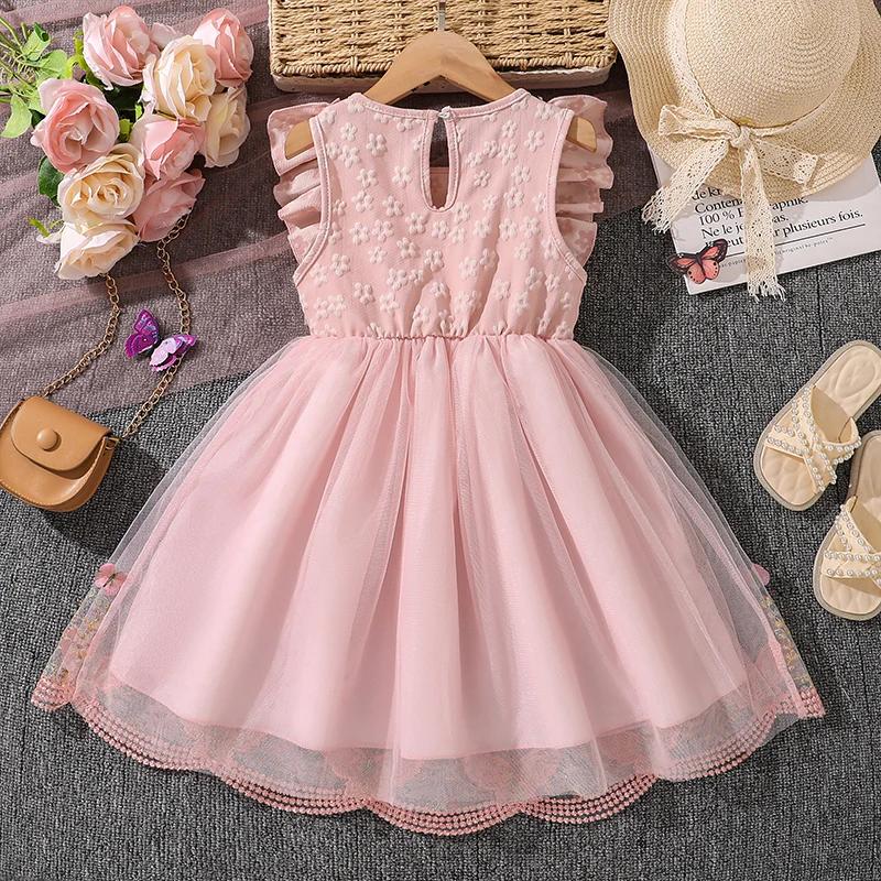 Robe de princesse pour filles de 4 à 7 ans, col rond, manches à ailes, nœud papillon, imprimé Floral