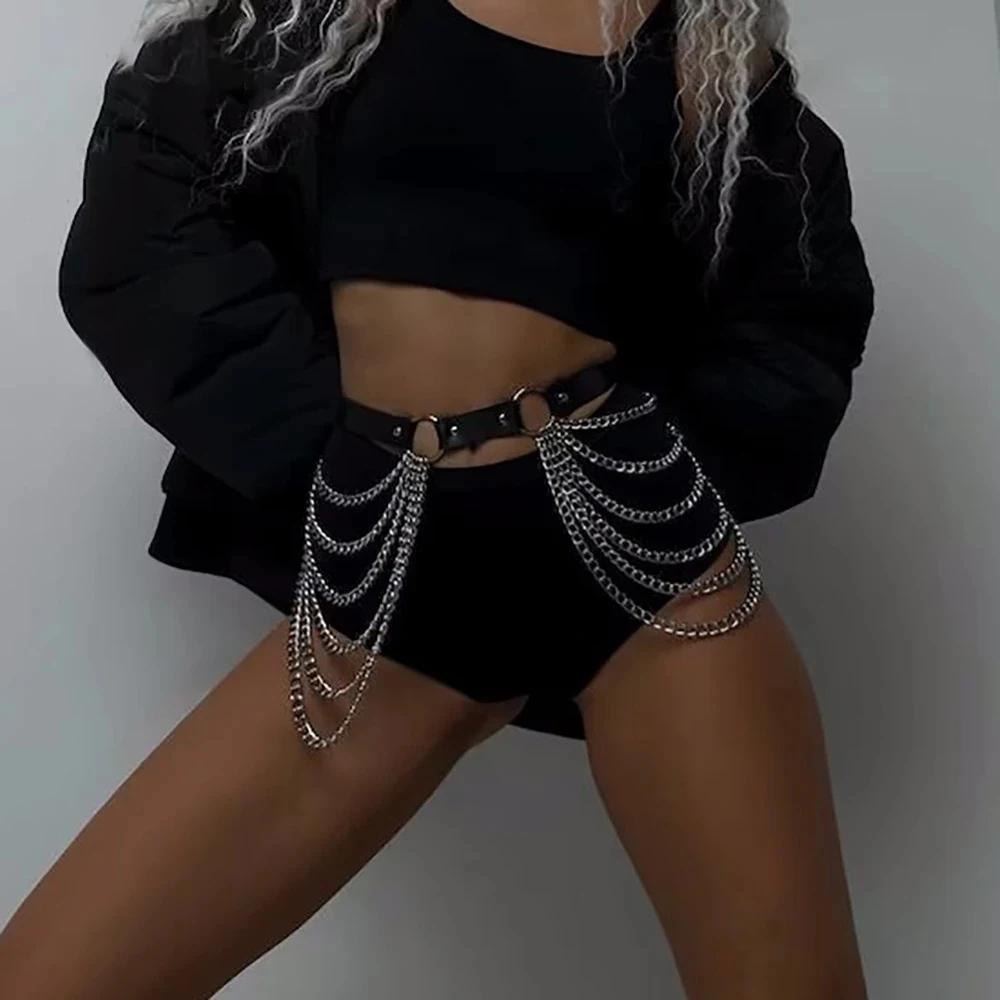 Ceinture gothique Punk en cuir PU noir avec frange, chaîne de taille harnais réglable pour femmes, a