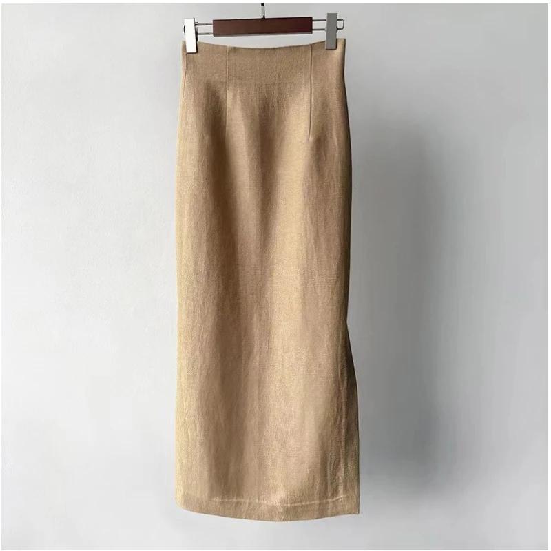 Jupe simple taille haute en lin et laine, atmosphère artistique espagnole, ourlet texturé, fente lat