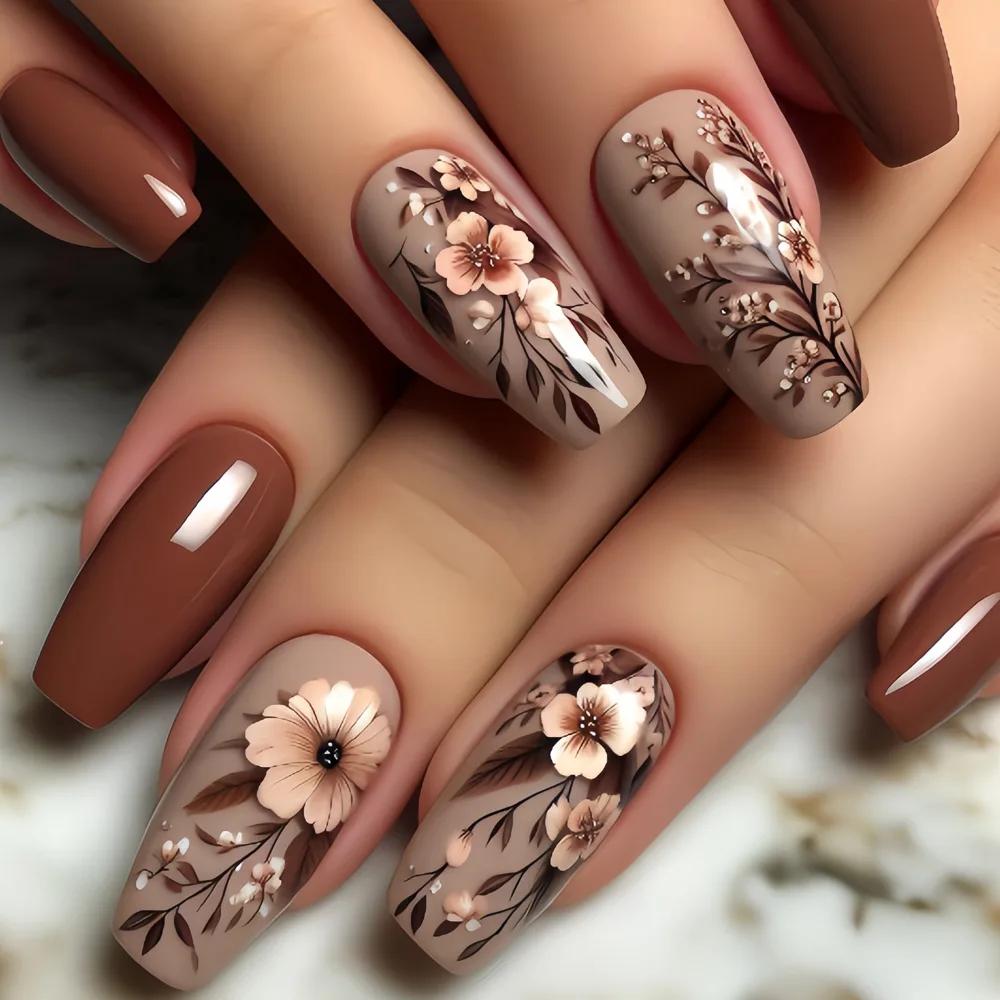 24 pièces presse sur ongles fleur Design mi-long Ballet faux ongles mode marron couverture complète