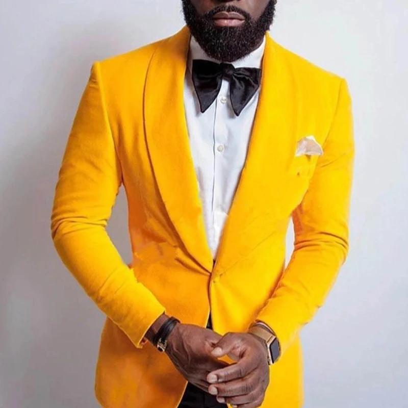 Velours jaune hommes costume veste une pièce bal Blazer pour mariage garçons d'honneur châle revers
