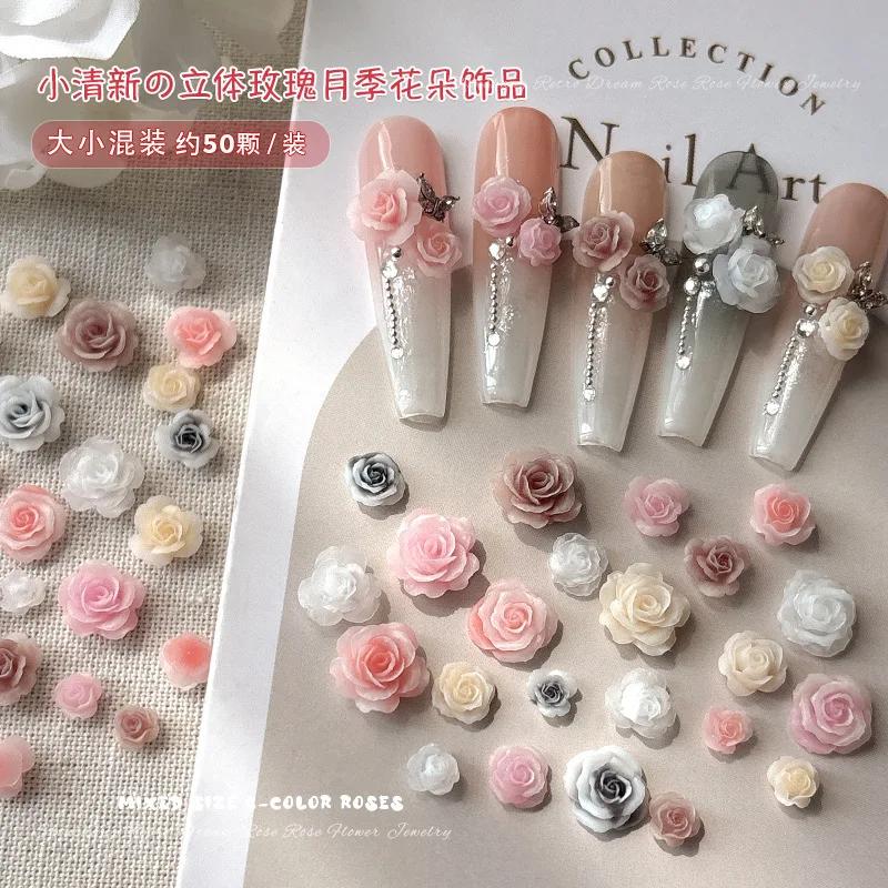 50 pièces 3D mélange de tailles belles fleurs de roses en fleurs résine adhésive Nail Art strass déc