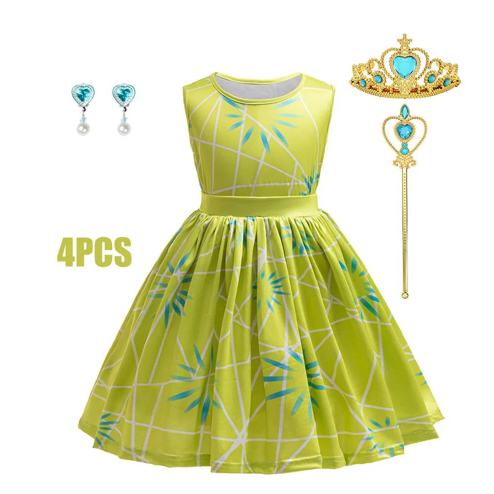 Robe verte imprimée complète pour enfants filles, 3 pièces, robe Cosplay + écharpe + ceinture, dégui