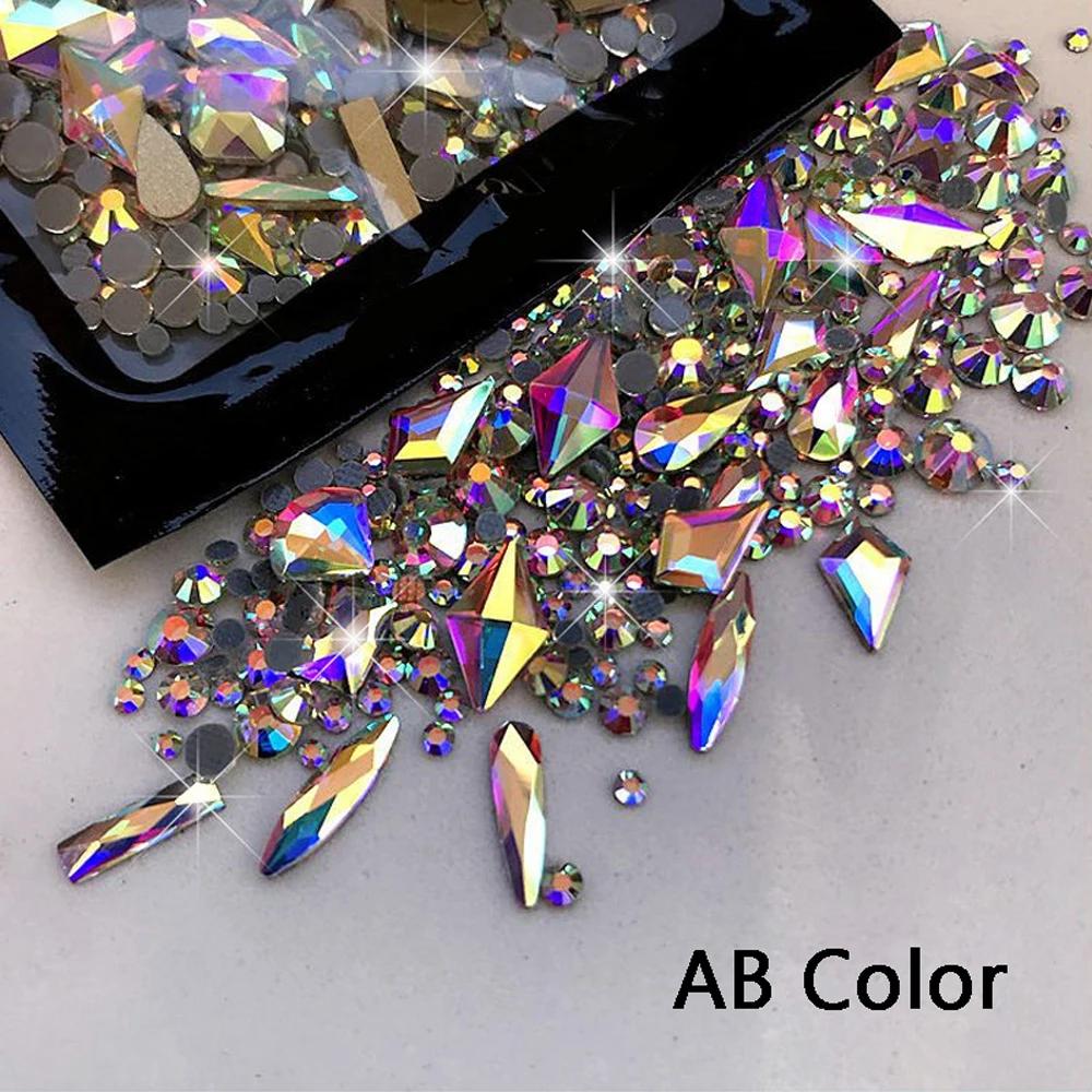 Strass pour Nail Art en verre AB à dos plat, 180 pièces, pierres de diamant mélangées multi-formes,