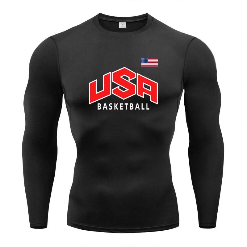 Drapeau américain basket-ball athlétique hommes course T-Shirt Compression à manches longues T-Shirt