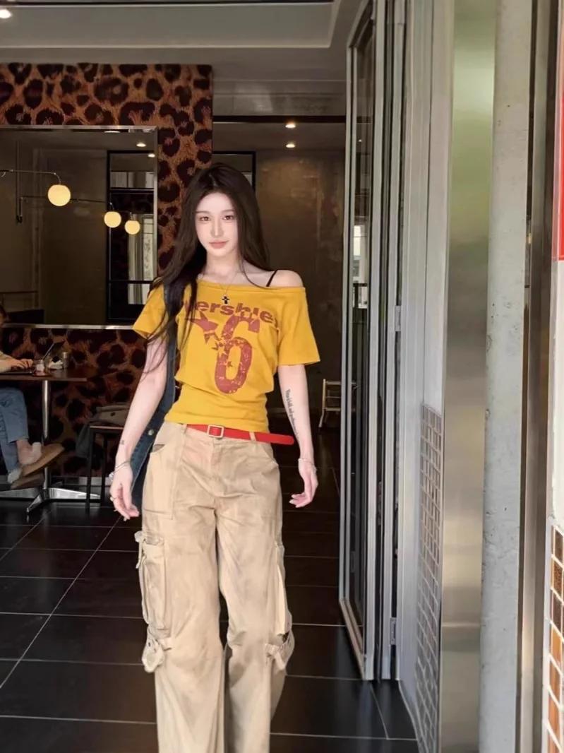 Y2k Sport été épaules dénudées haut femmes Sexy Vintage années 2000 à manches courtes t-shirt dame c
