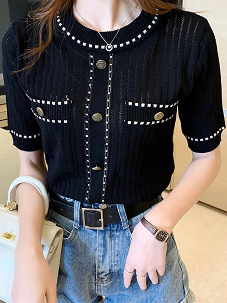 T-shirt blanc à manches courtes pour femme, vêtement basique avec poches, estival et décontracté, 20