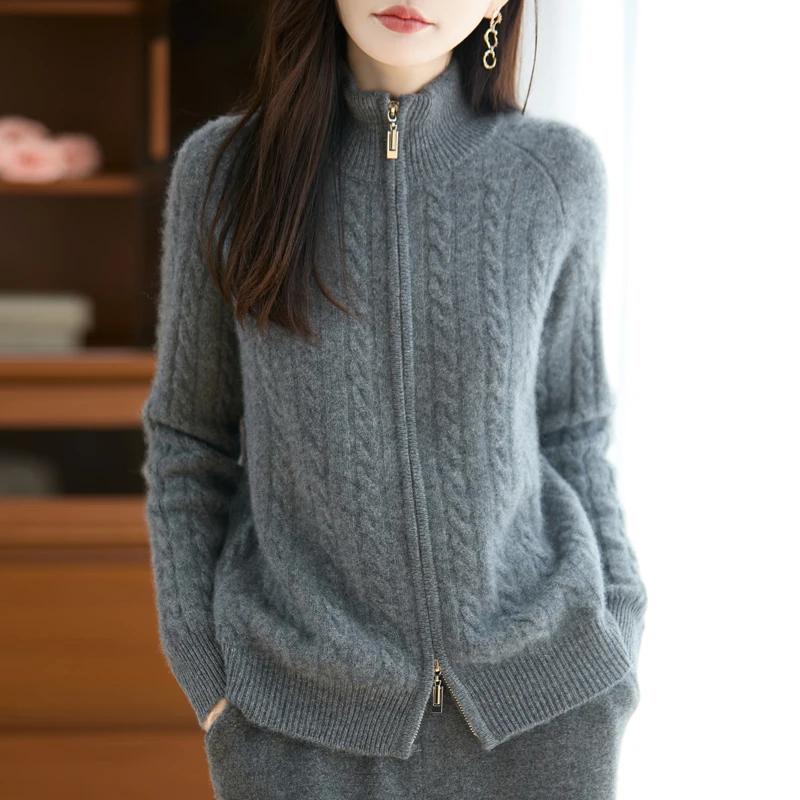 Cardigan 100% laine mérinos avec fermeture éclair pour femme, pull à câble épais, tricot chaud, vête
