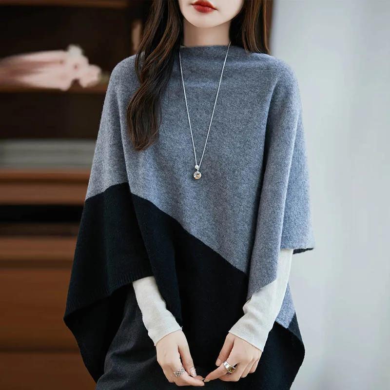Cape en laine mérinos pour femmes, pull-over, châle, Style Simple, bureau, mi-longue, contrastée, au