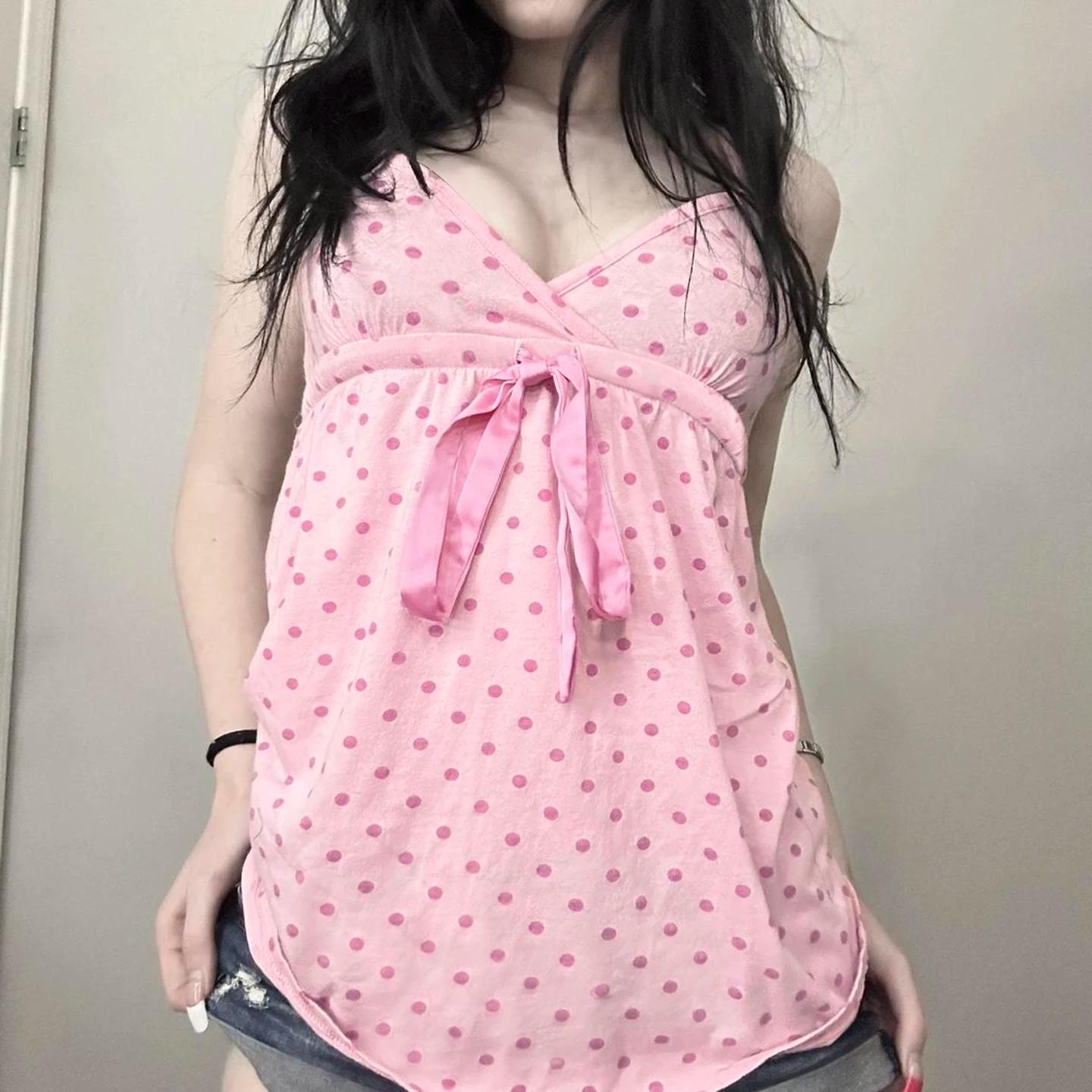 SUCHCUTE Chic doux mignon à pois imprimé nœud à lacets Camisole femmes col en V sans manches haut co