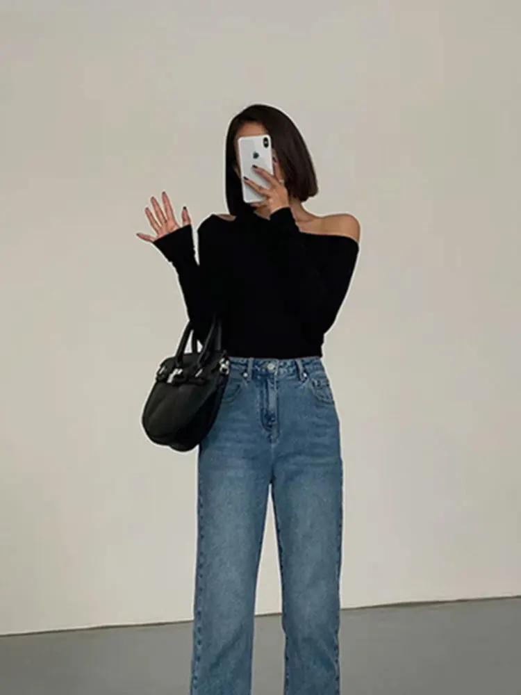 Mode col incliné épaules dénudées à manches longues T-shirts femmes printemps nouveau solide coupe a