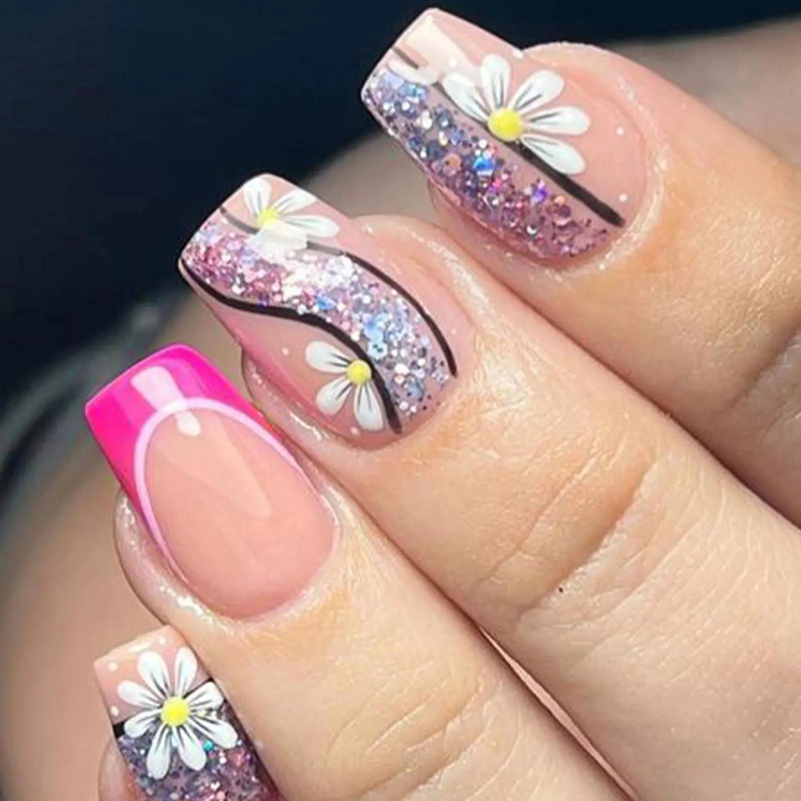 Faux Ongles Courts à Presser pour la Saison Printemps Été, 50 Styles de Fleurs, Papillon, Pointes d'