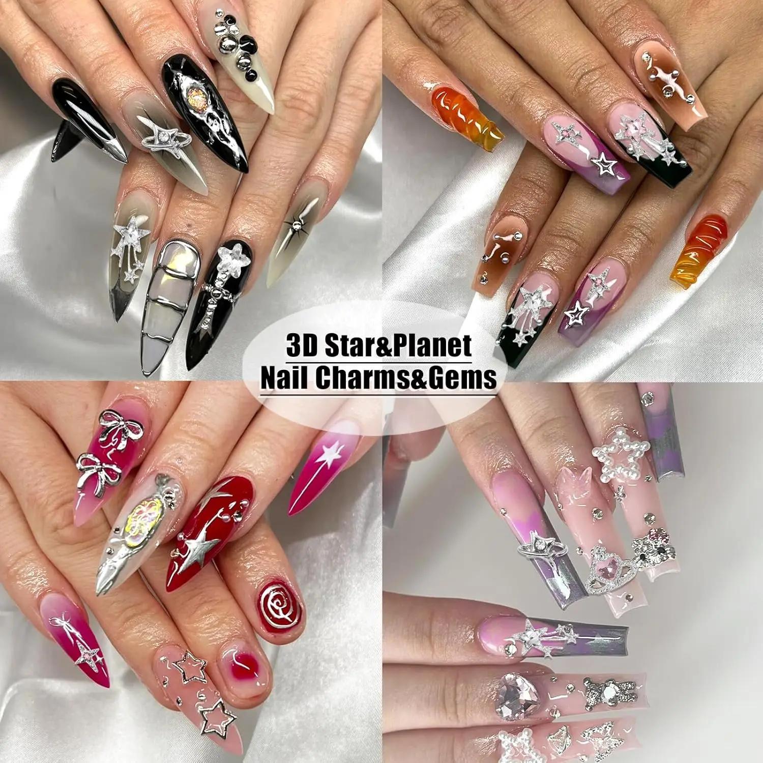 40 pièces étoile ongles breloques argent 3D étoile breloques rose ongles strass Multi Style Nail Art