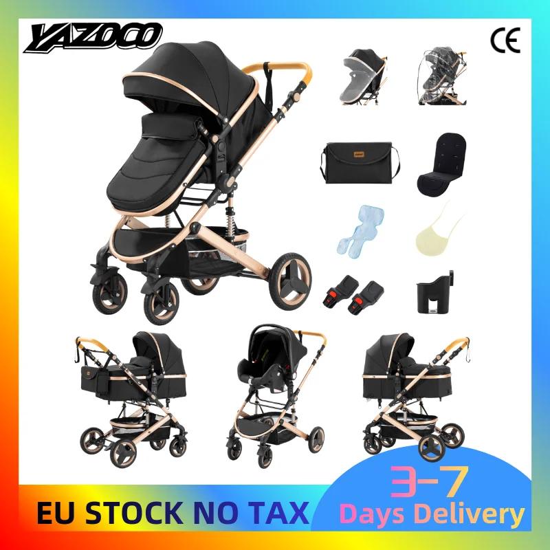 Poussette Bébé Luxe 3-en-1 Portable, Landau de Voyage Pliant, Cadre en Aluminium, Siège Élevé pour N
