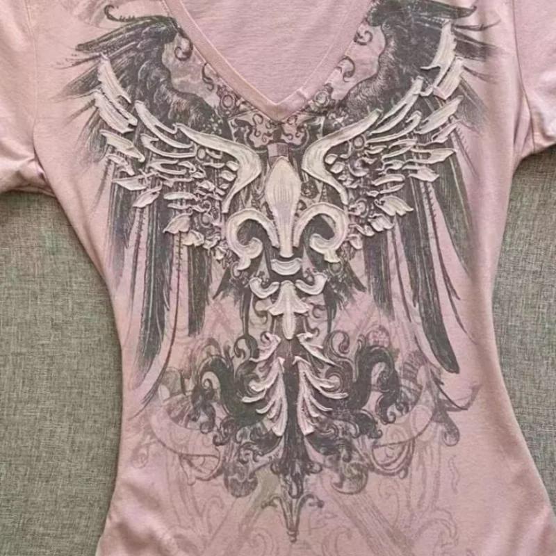 American Street Hottie T-shirt Vintage col en v T-shirt années 2000 Y2K esthétique graphique imprimé