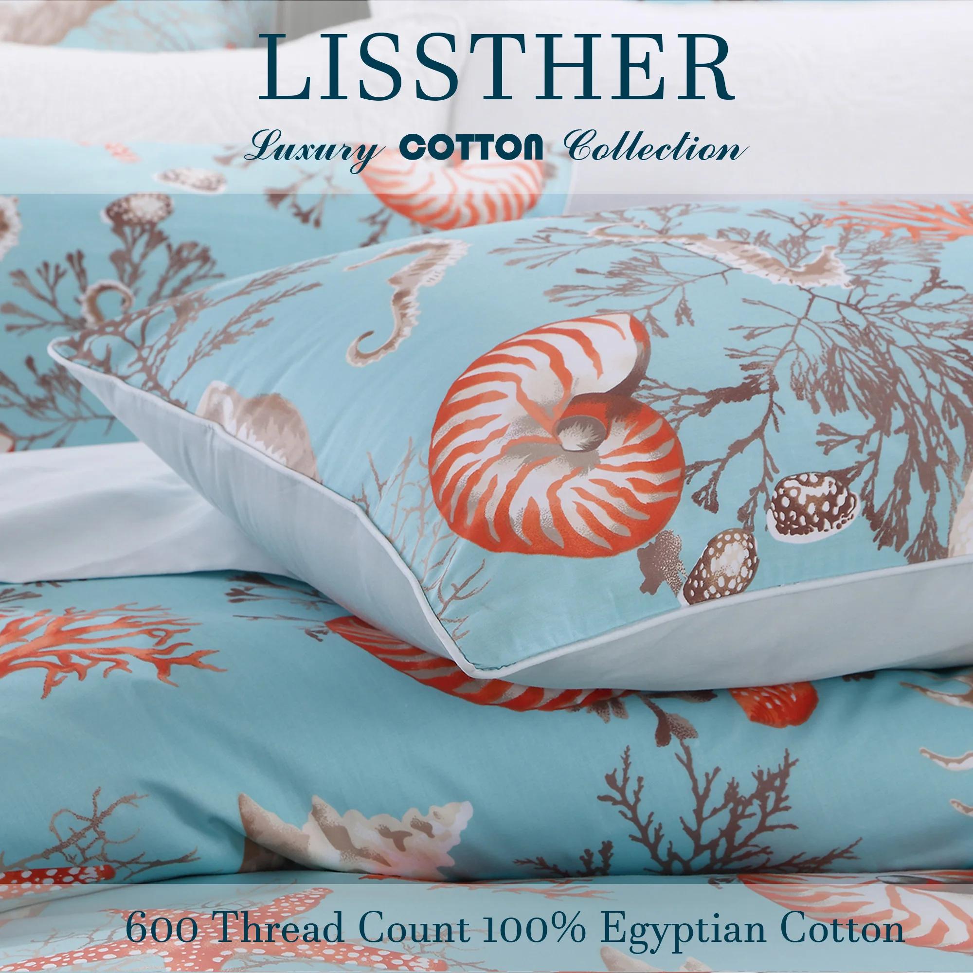 Ensemble de housse de couette 100% coton égyptien 600TC, 3 pièces, thème sous-marin bleu Vintage, do