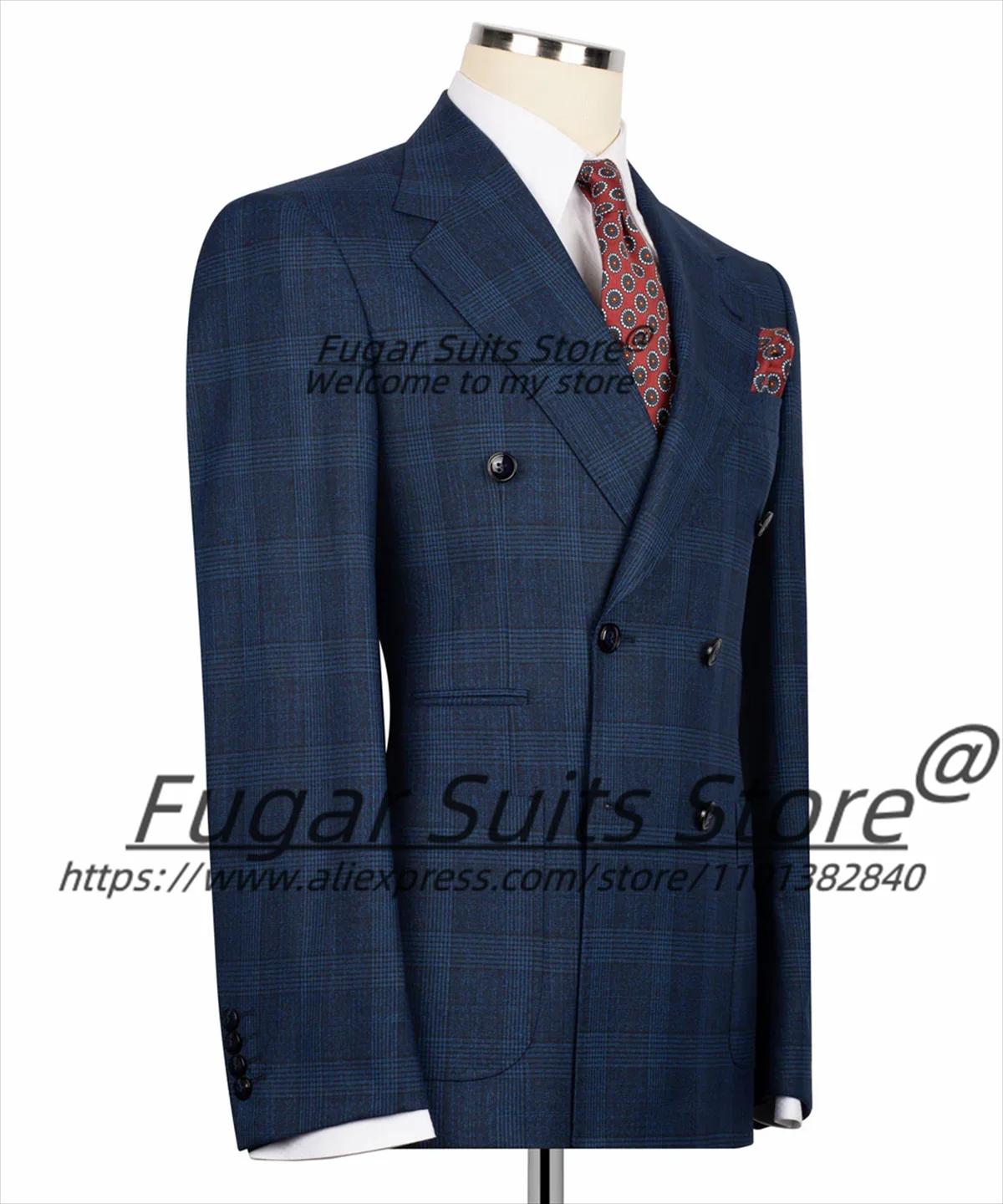 Costumes d'affaires à carreaux bleu marine pour hommes, personnalisés, coupe cintrée, Double boutonn
