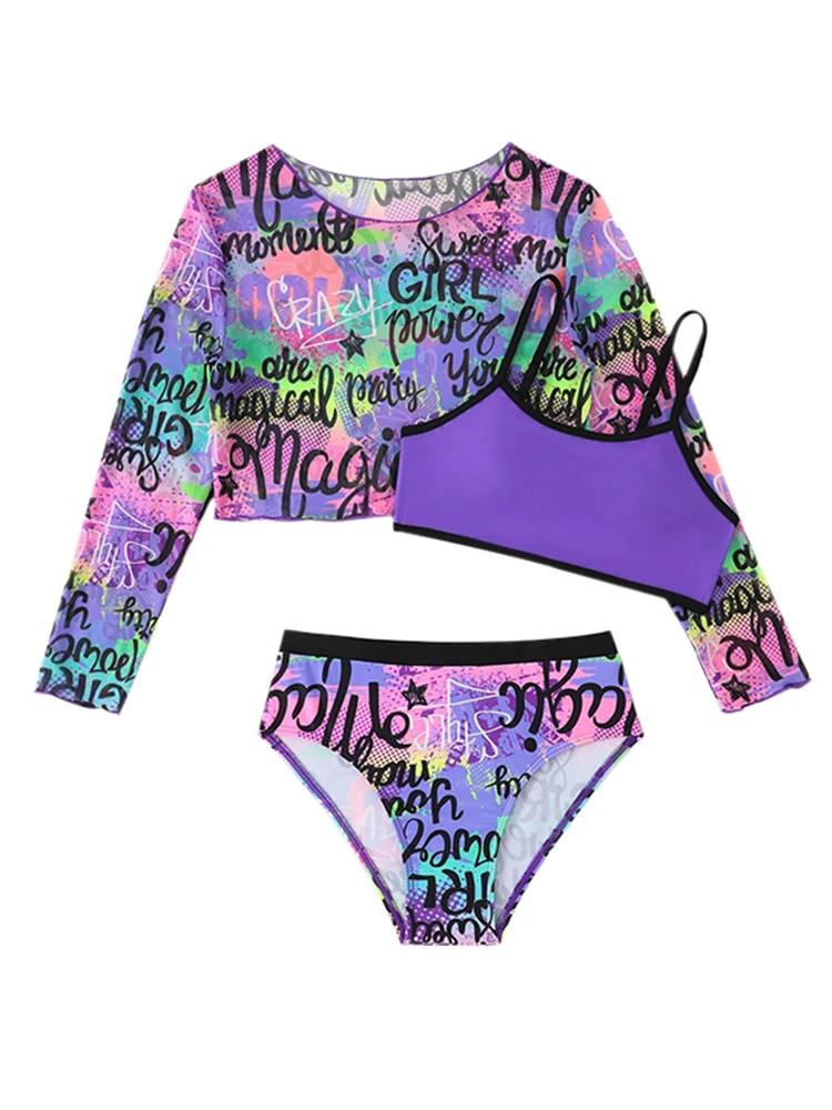 Bikini enfants filles maillot de bain 2026 nouveau violet lettre fronde maille à manches longues enf