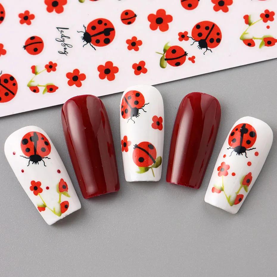 Autocollants pour ongles coccinelle de dessin animé 3D, 2 pièces, pétales rouges d'insecte mignons,
