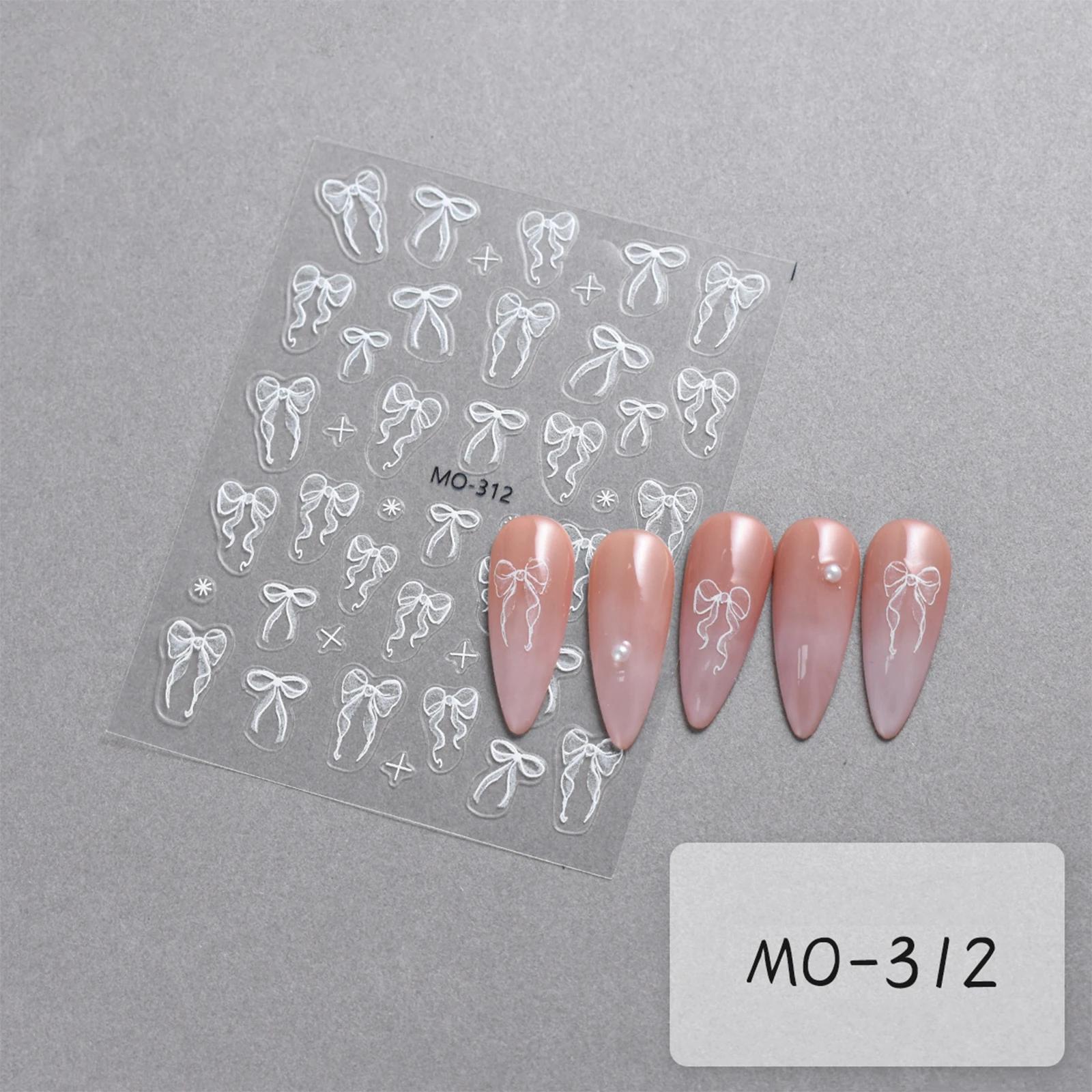Autocollants pour ongles à nœud papillon, ruban blanc en Relief 3D, mignon, rose doux, autocollants